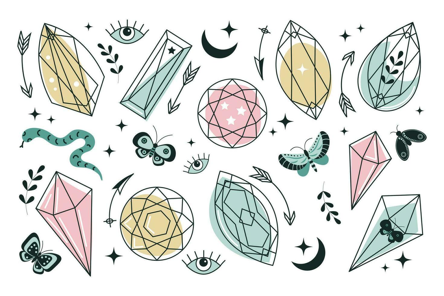 Set of line art minerals, crystals, eyes, gems, moths, butterflies, moon, stars. Magic fairy tale on the theme of Halloween. Magic elements. Vector