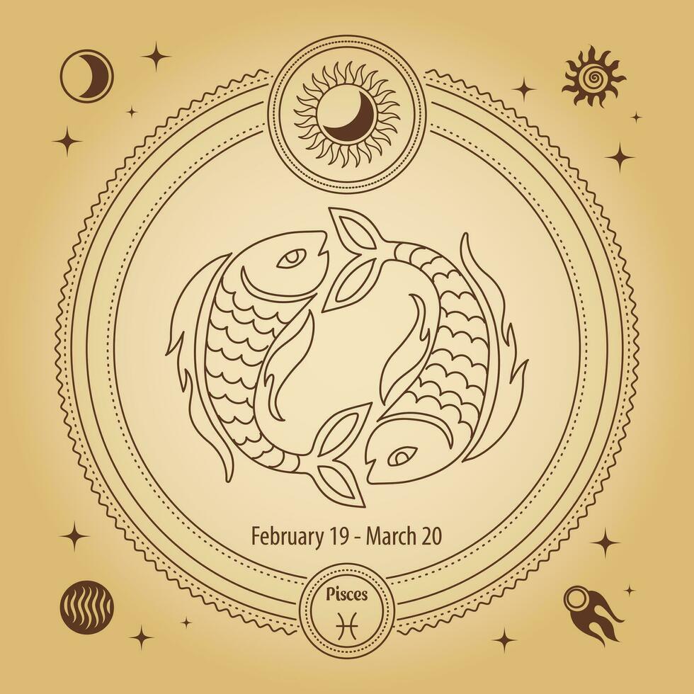 Pisces zodiac sign, astrological horoscope sign. Outline drawing in a decorative circle with mystical astronomical symbols. Vector