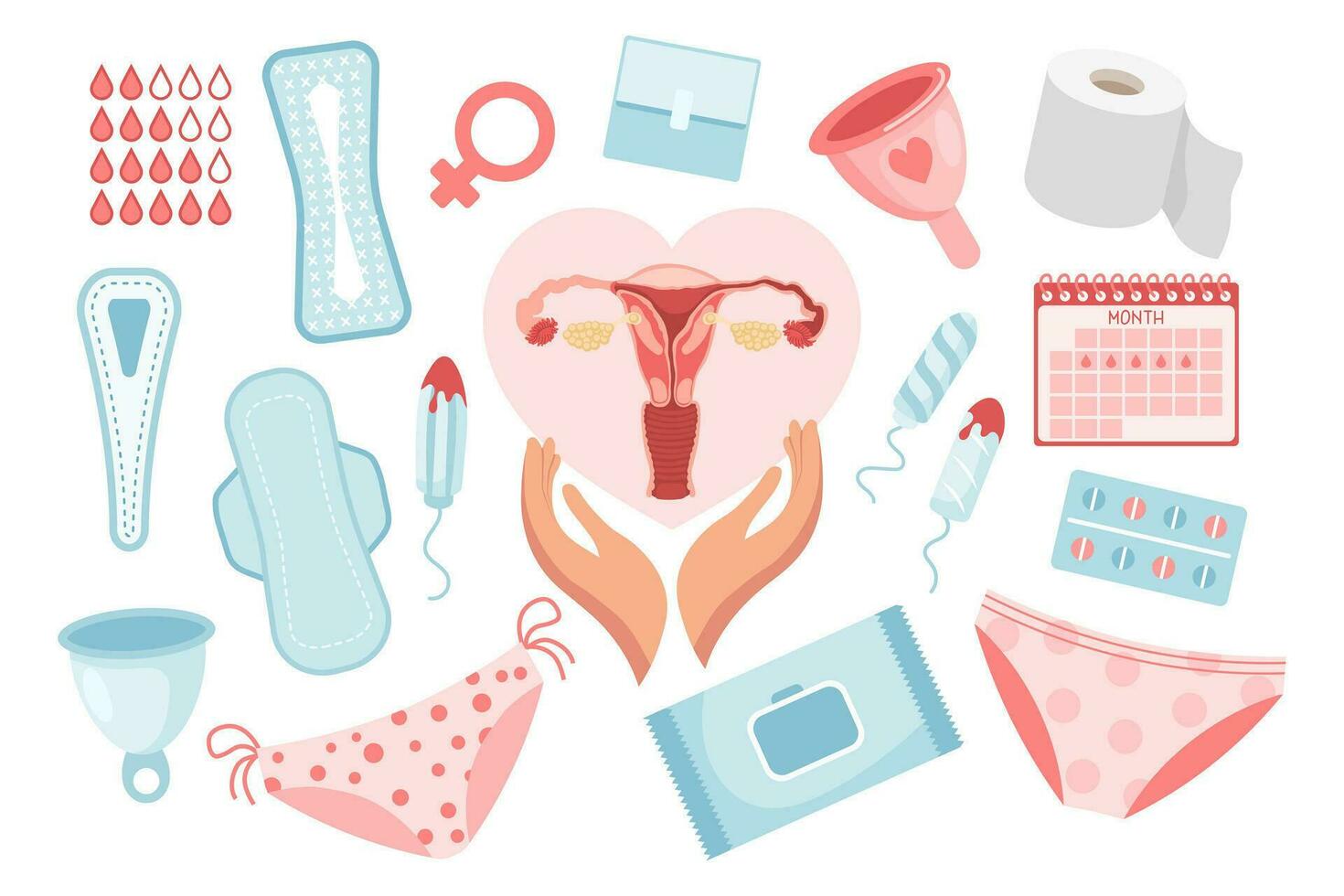 Feminine hygiene set. Menstrual period concept. Menstrual cup, tampons, uterus, soap, panties, monthly calendar, sanitary napkin and pills. Vector