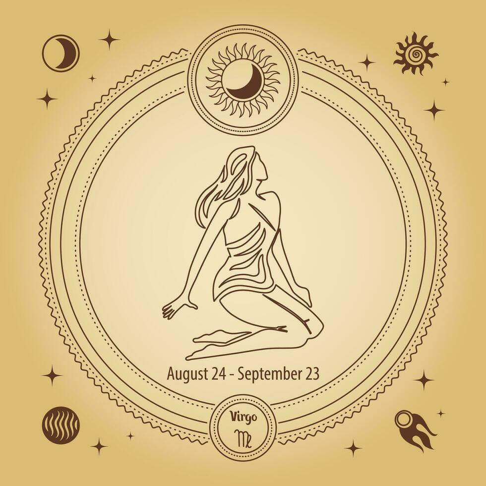 Virgo Zodiac sign, astrological horoscope sign. Outline drawing in a decorative circle with mystical astronomical symbols. Vector