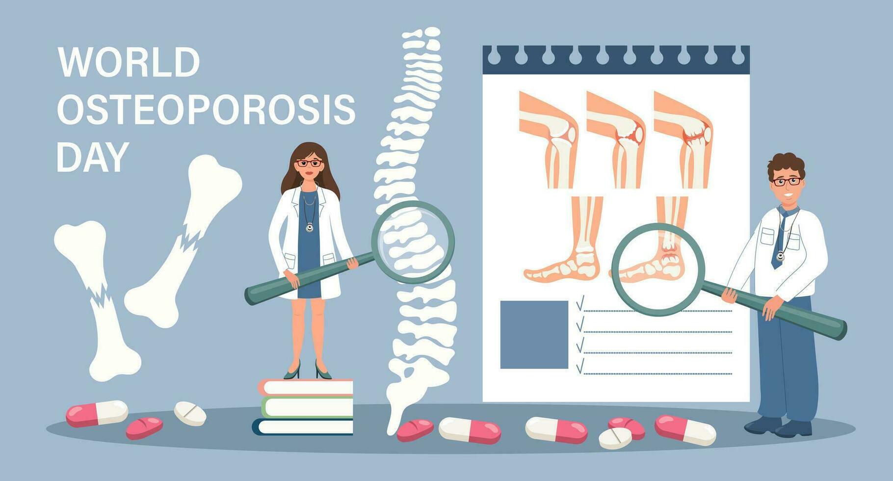 World osteoporosis day for landing page. Treatment of osteoporosis. Doctors with magnifiers show diseases of the human skeletal system. Template, banner, vector