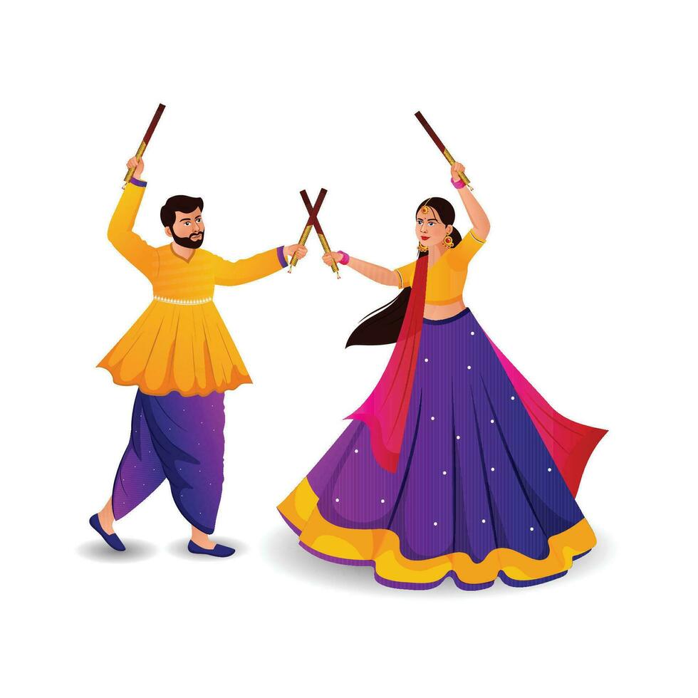 Dancing dandiya couple at dandiya night for happy navratri vector