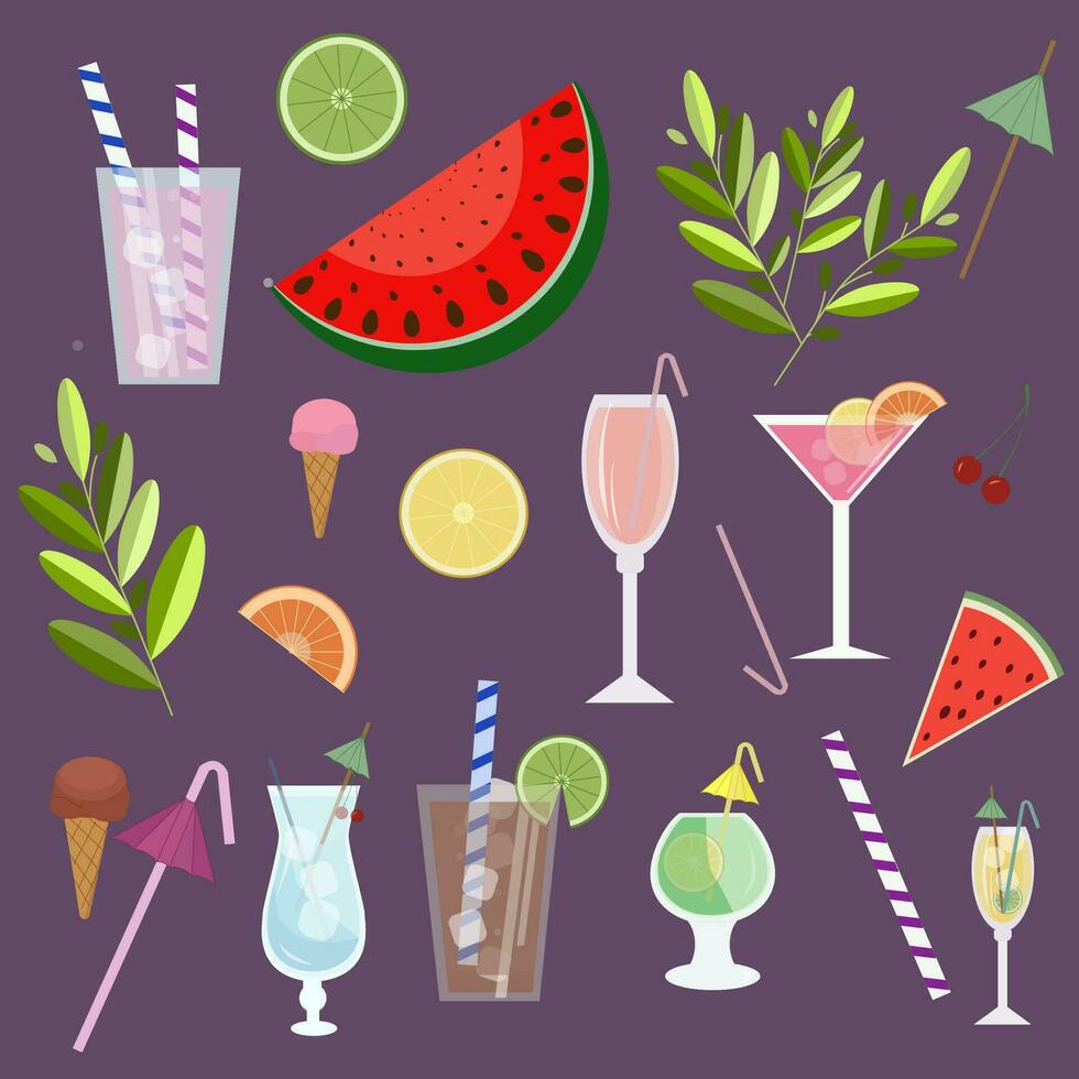a set of different cocktails, cocktails in glass glasses, fruit and ice, pleasure and unforgettable impressions vector