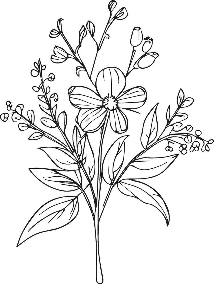 Wild flowers drawings, Wild flowers Set on the doodle art, coloring page vector sketch hand-drawn illustrations, and beautiful botanical element, Delicate Flowers Print. artistic flowers set.