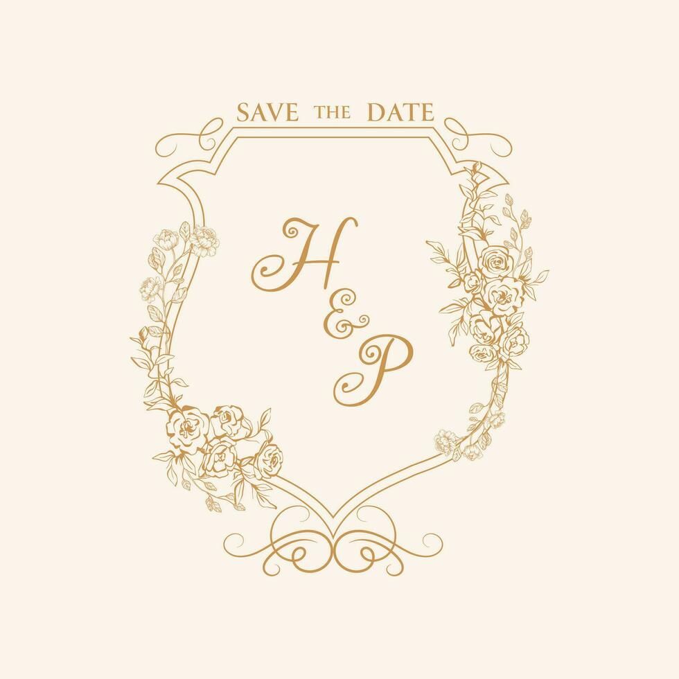 HP Initial Wedding Crest Logo Monogram. Save the Date Design with Roses and Peonies, Floral Wedding Crest Design. vector