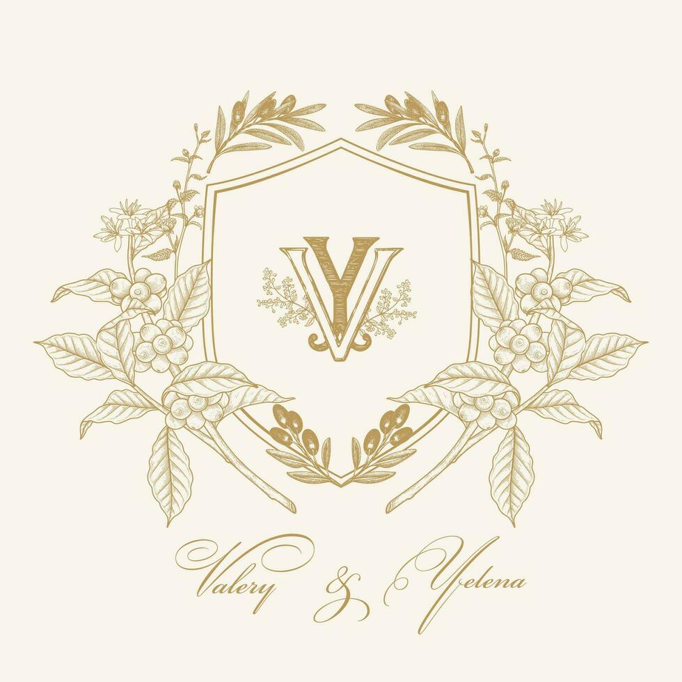 VY Initial Wedding Monogram Logo Crest, Wedding Logo Design, Custom Wreath Wedding Monogram, Crest Initial Wedding Logo. vector