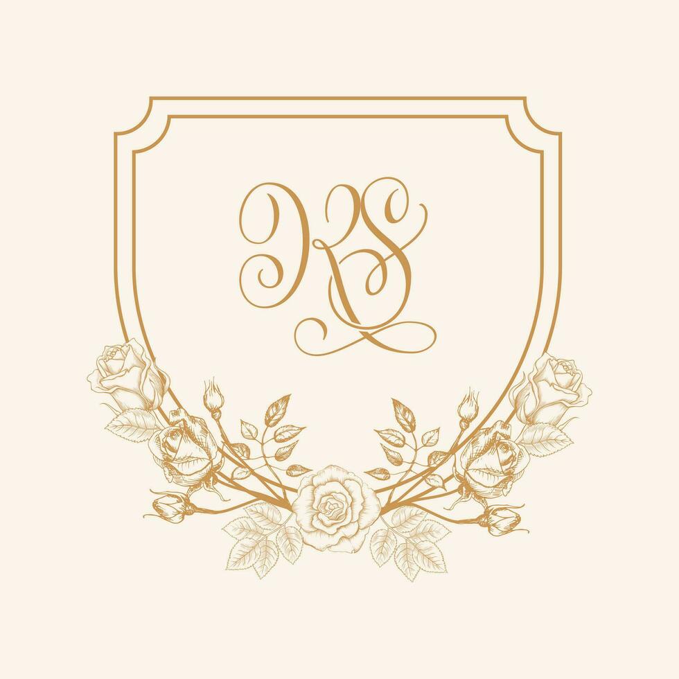 KS Initial Wedding Crest Logo Monogram. Wedding Logo Design with Rose Flower Bottom, Floral Wedding Crest Design. vector