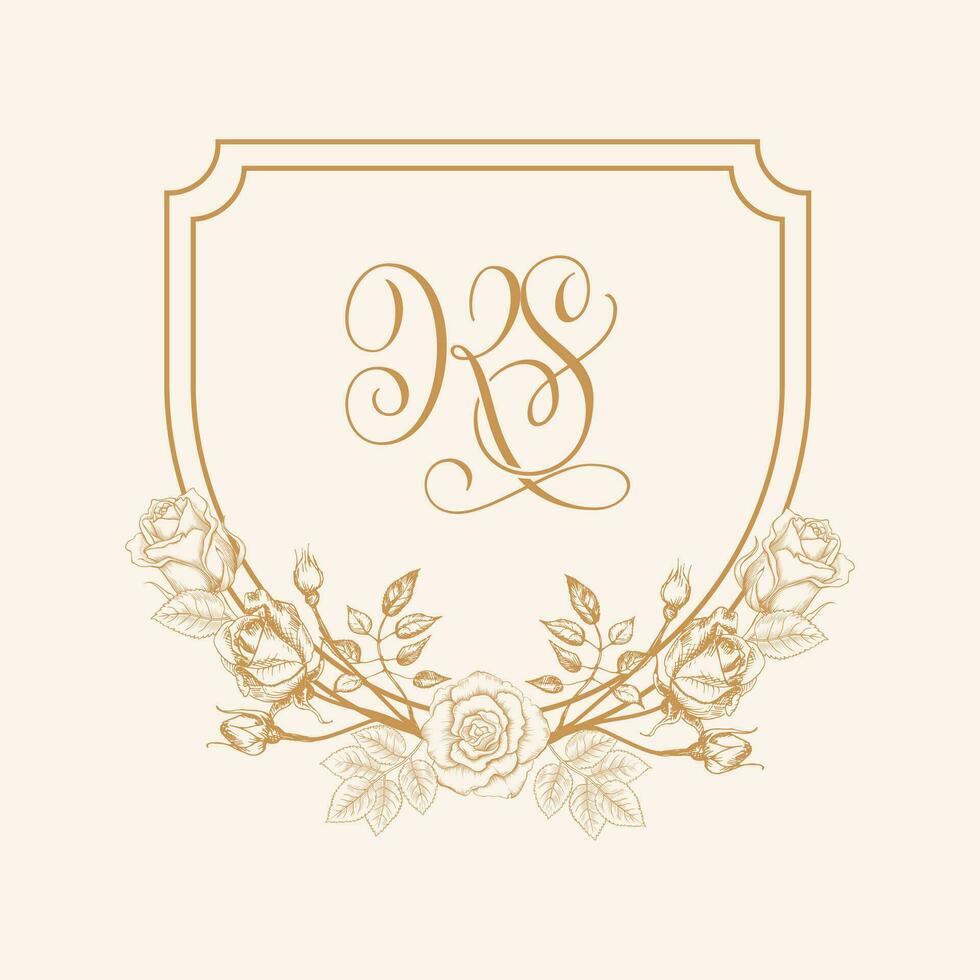 KS Initial Wedding Crest Logo Monogram. Wedding Logo Design with Rose Flower Bottom, Floral Wedding Crest Design. vector