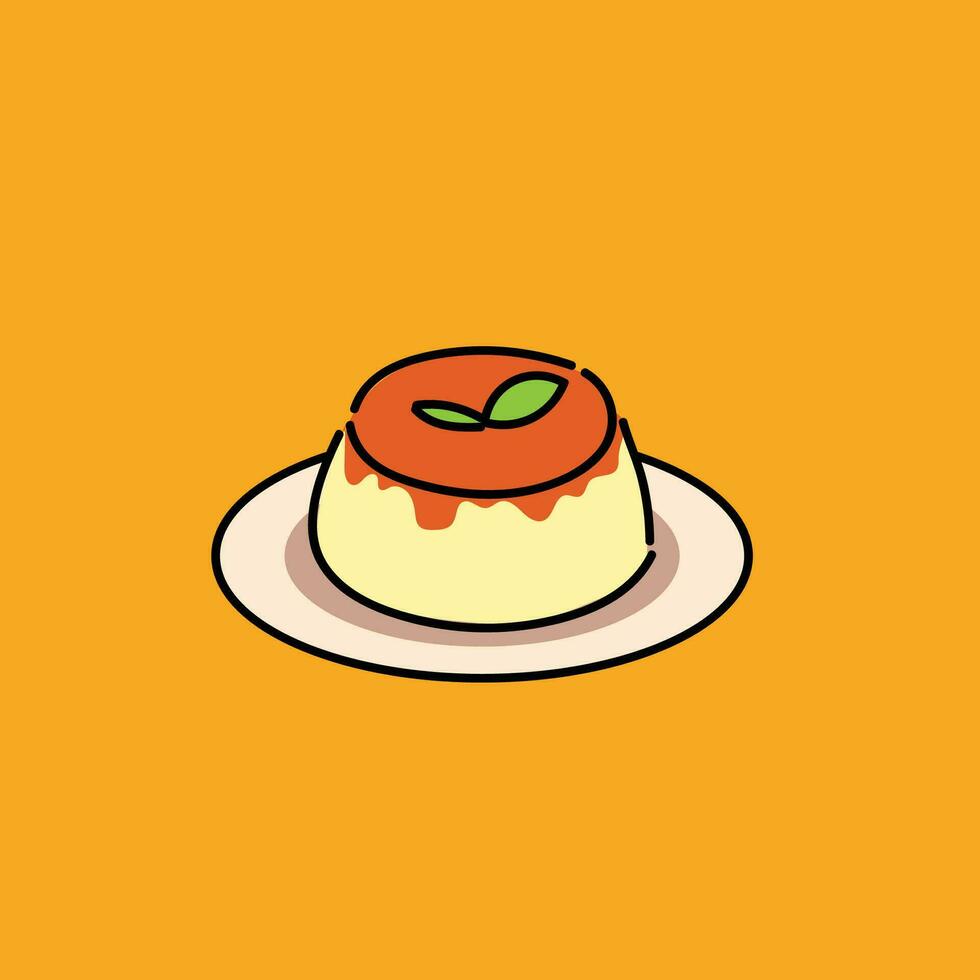 pudding custard with caramel glaze. cartoon hand drawing illustration in isolation on a orange background. easy to use vector
