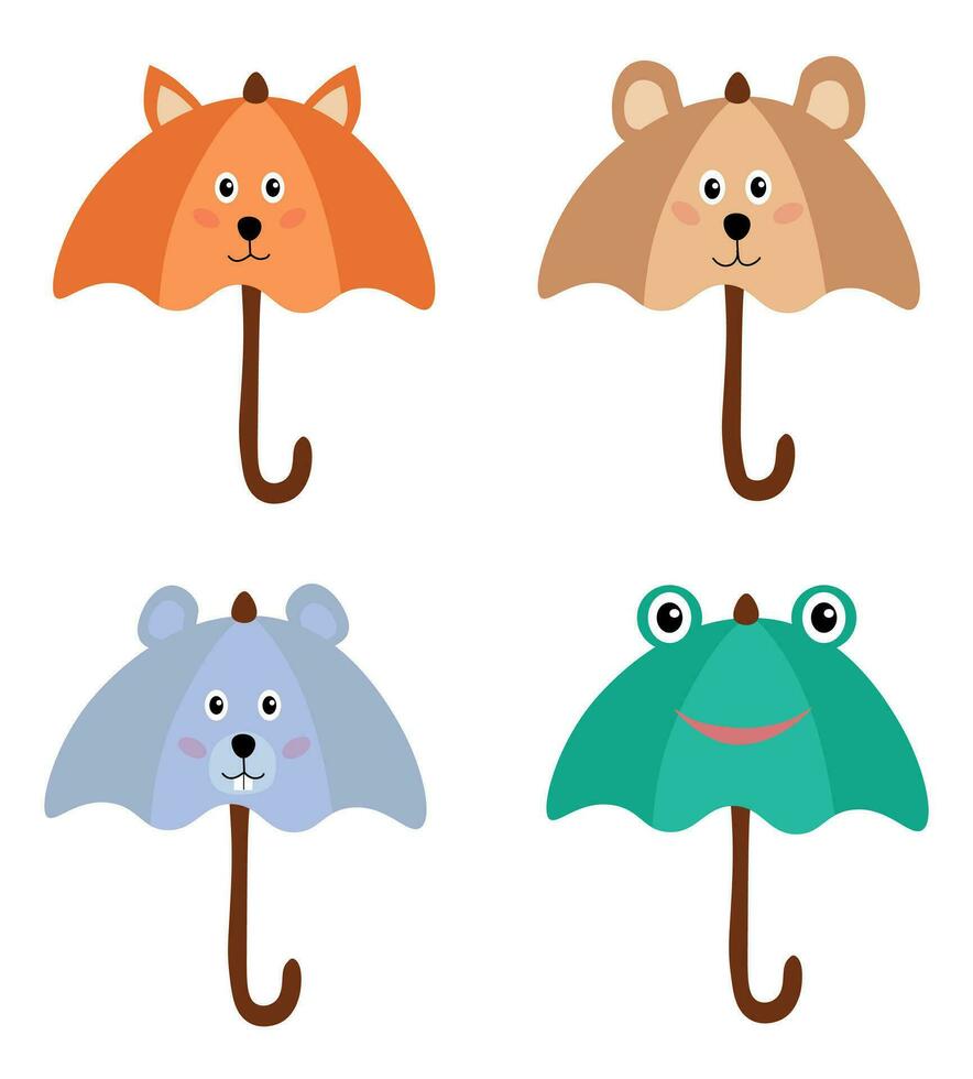 Collection of animalistic umbrellas. Pictures for children. Accessories with animals. Fox, bear, mouse, frog. Graphic elements. Flat vector illustration set.