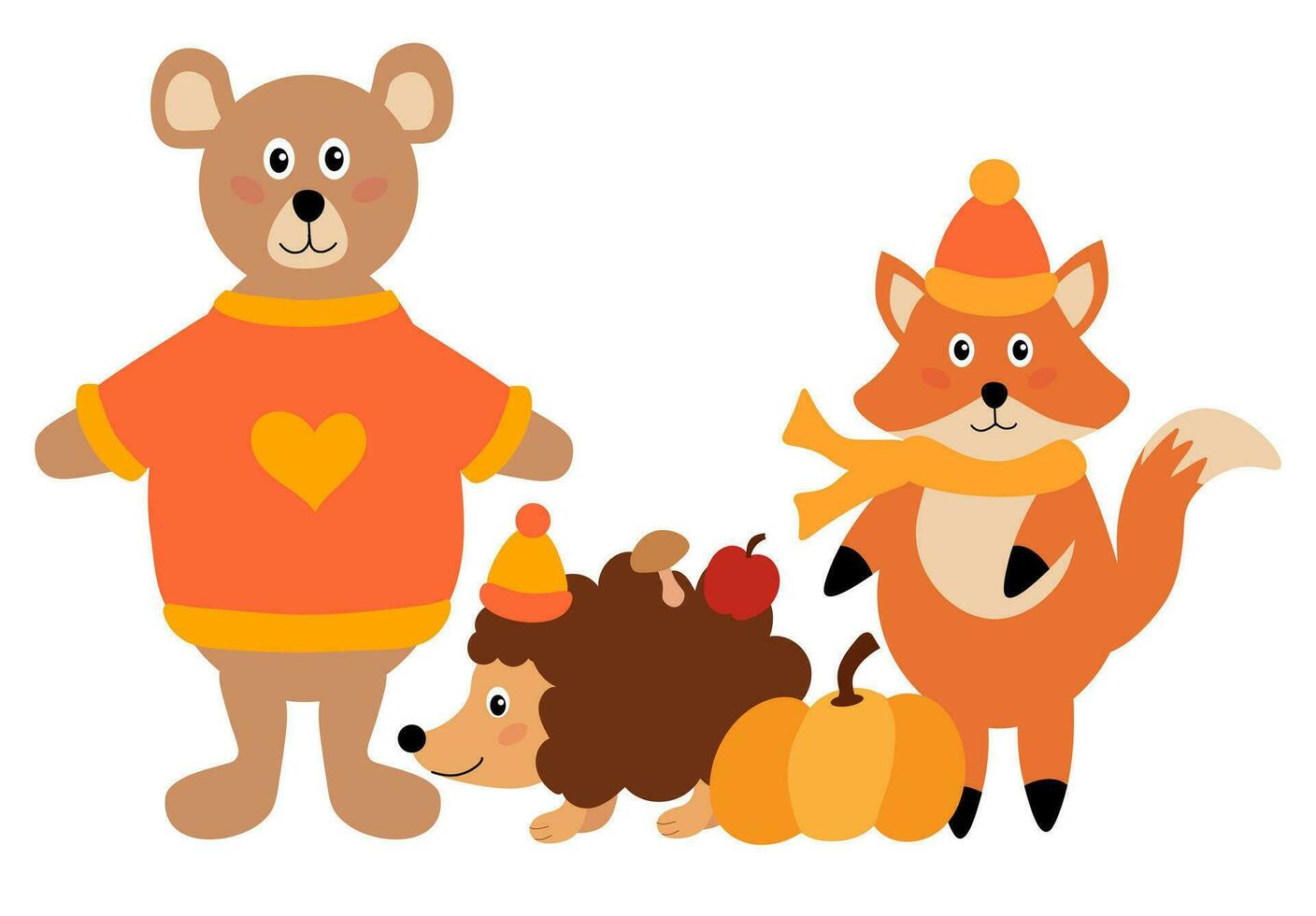 Cute bear, fox, hedgehog with pumpkin. Autumn forest animals. Flat vector illustration.
