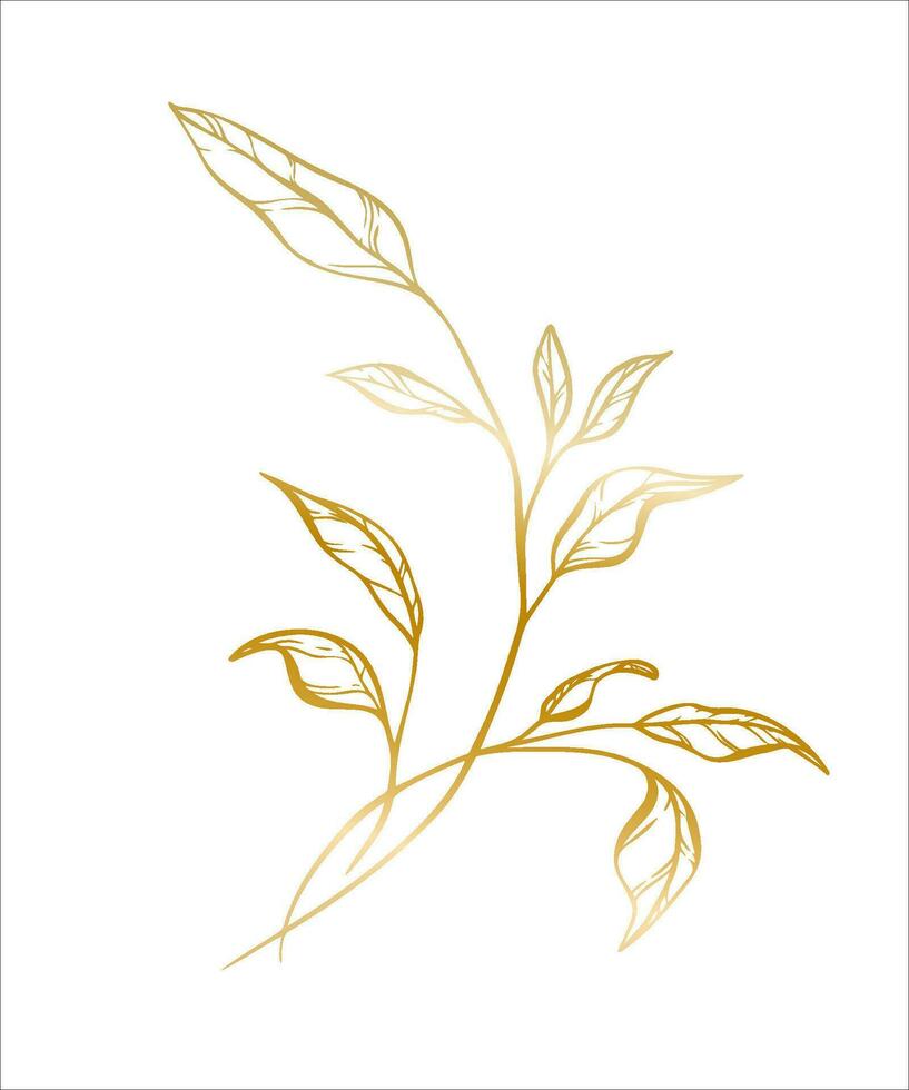 Botanical golden illustration of a leaves branch for wedding invitation and cards, logo design, web, social media and posters template. Elegant minimal style floral vector isolated.