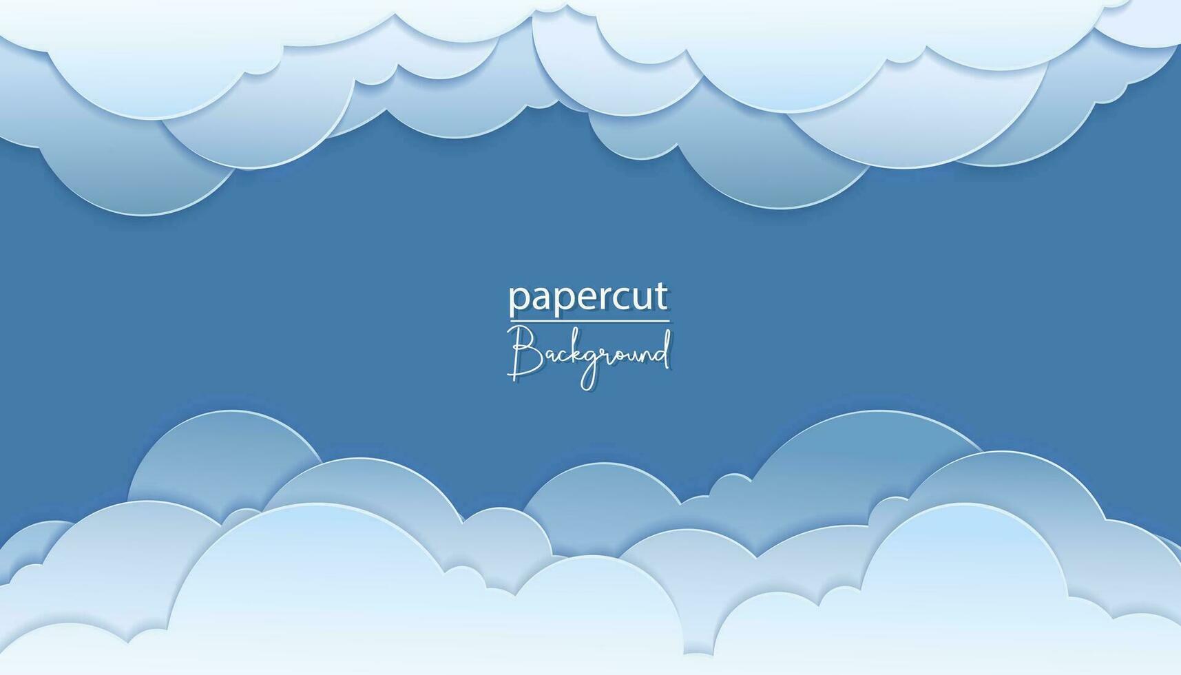 Beautiful fluffy clouds on blue sky background. Paper cut style. Place for text 3d papercut background with top and bottom cloudy sky. Simple weather layered banner. Vector card illustration.