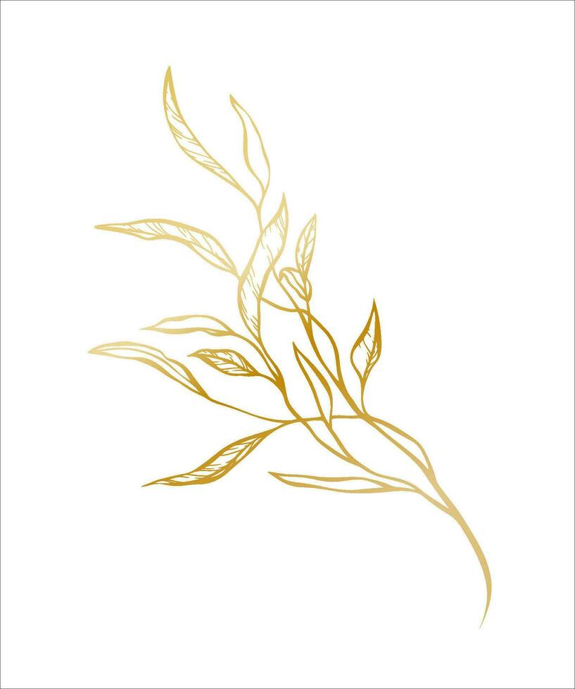 Botanical golden illustration of a leaves branch for wedding invitation and cards, logo design, web, social media and posters template. Elegant minimal style floral vector isolated.