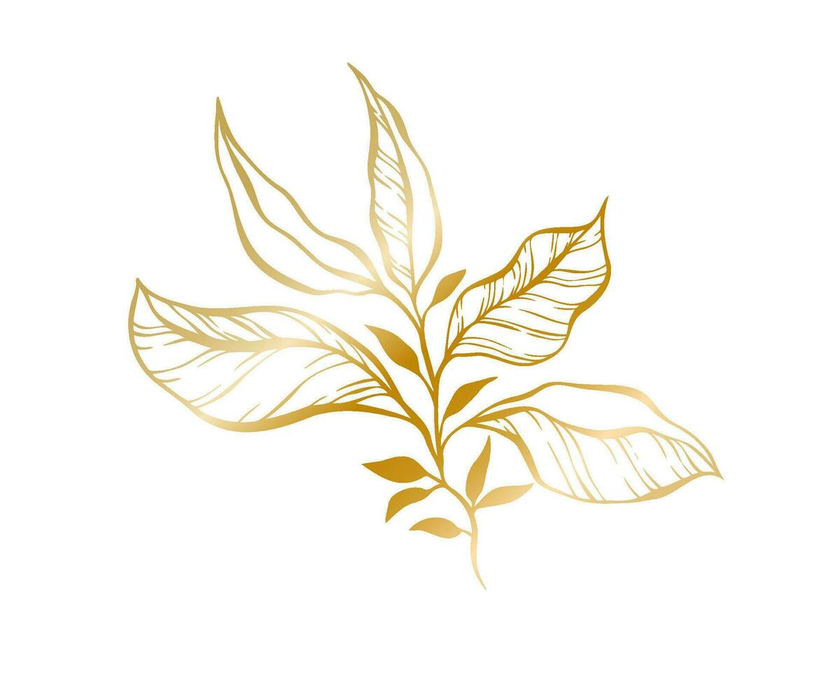 Botanical golden illustration of a leaves branch for wedding invitation and cards, logo design, web, social media and posters template. Elegant minimal style floral vector isolated.