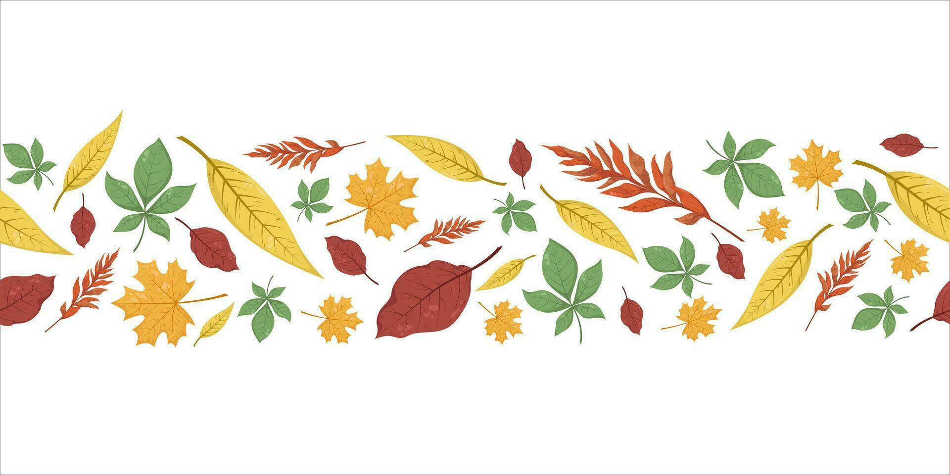 Seamless horizontal pattern with autumn fall leaves in Beige, Red, Brown, green and Yellow. Perfect banner for wallpaper, wrapping paper, web sites, background, social media, blog and greeting cards. vector