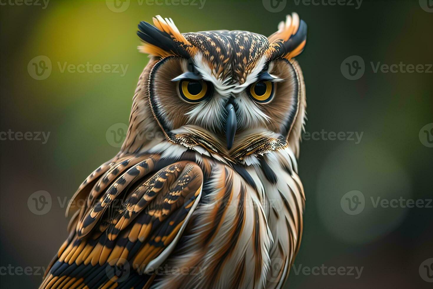 Owl with yellow eyes on a solid background. ai generative photo