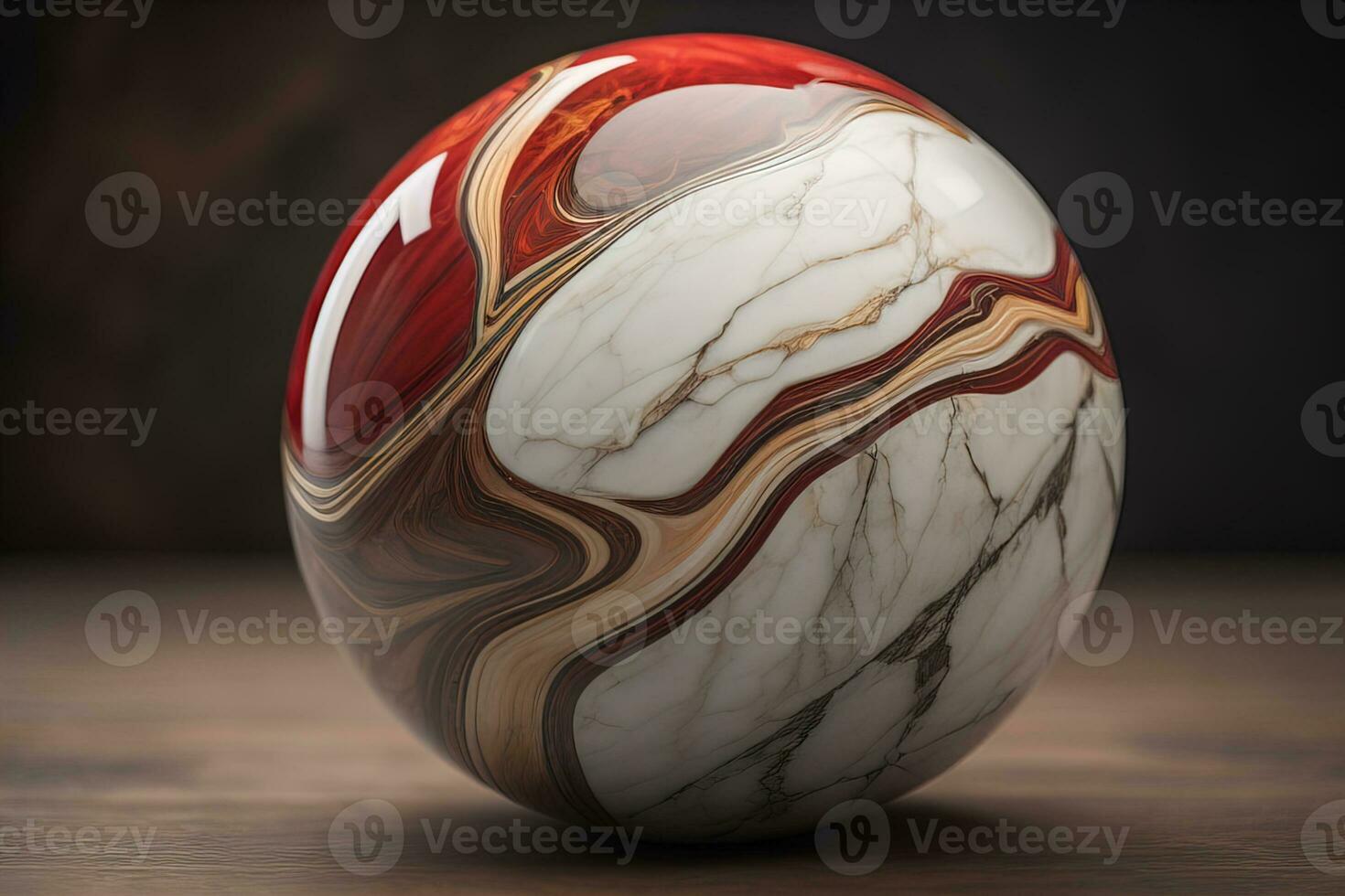 Colorful marble ball on a solid colour background. Close-up. ai generative photo