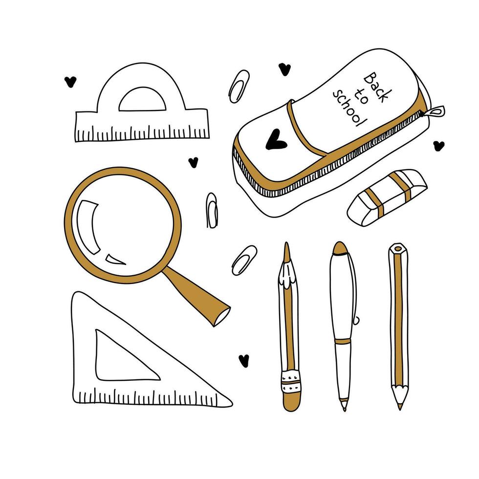 Set of school stuff isolated on the white background. Hand-drawn vector illustration. Eraser, rulers, magnifier, pencil case, pen, pencils, paper clips. Back to school concept