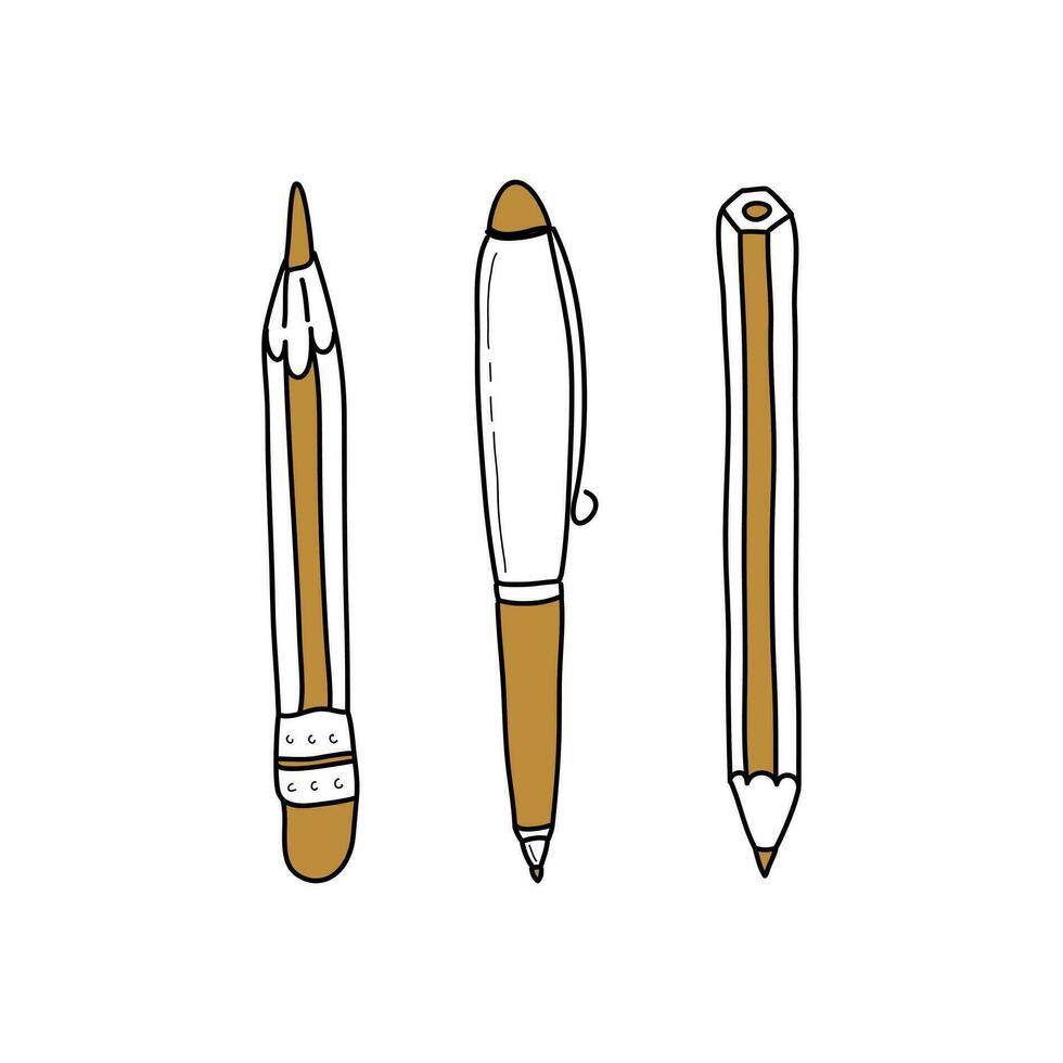 Hand-drawn pen and pencils vector illustration in doodle style. Isolated on the white background. School stuff. Back to school concept.