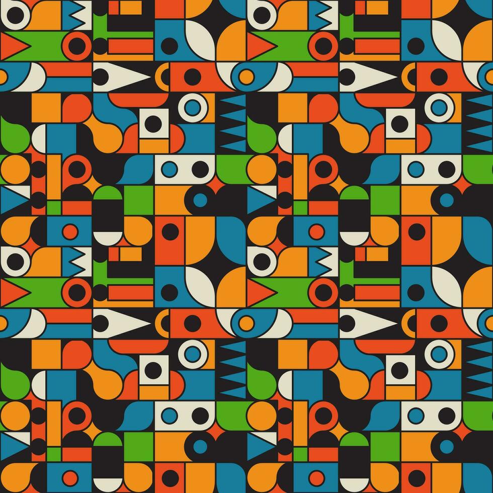 Vector simple colored geometric background. Seamless pattern with different geometric frames. Kitsch style and color. Design for fabric, wallpaper, border, wrapping paper