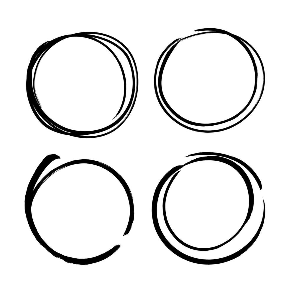 Set of vector circles grunge black borders isolated on white background. A group of labels with uneven rough edges drawn with an ink brush. Vector design elements, 4 circle frames. Grunge borders