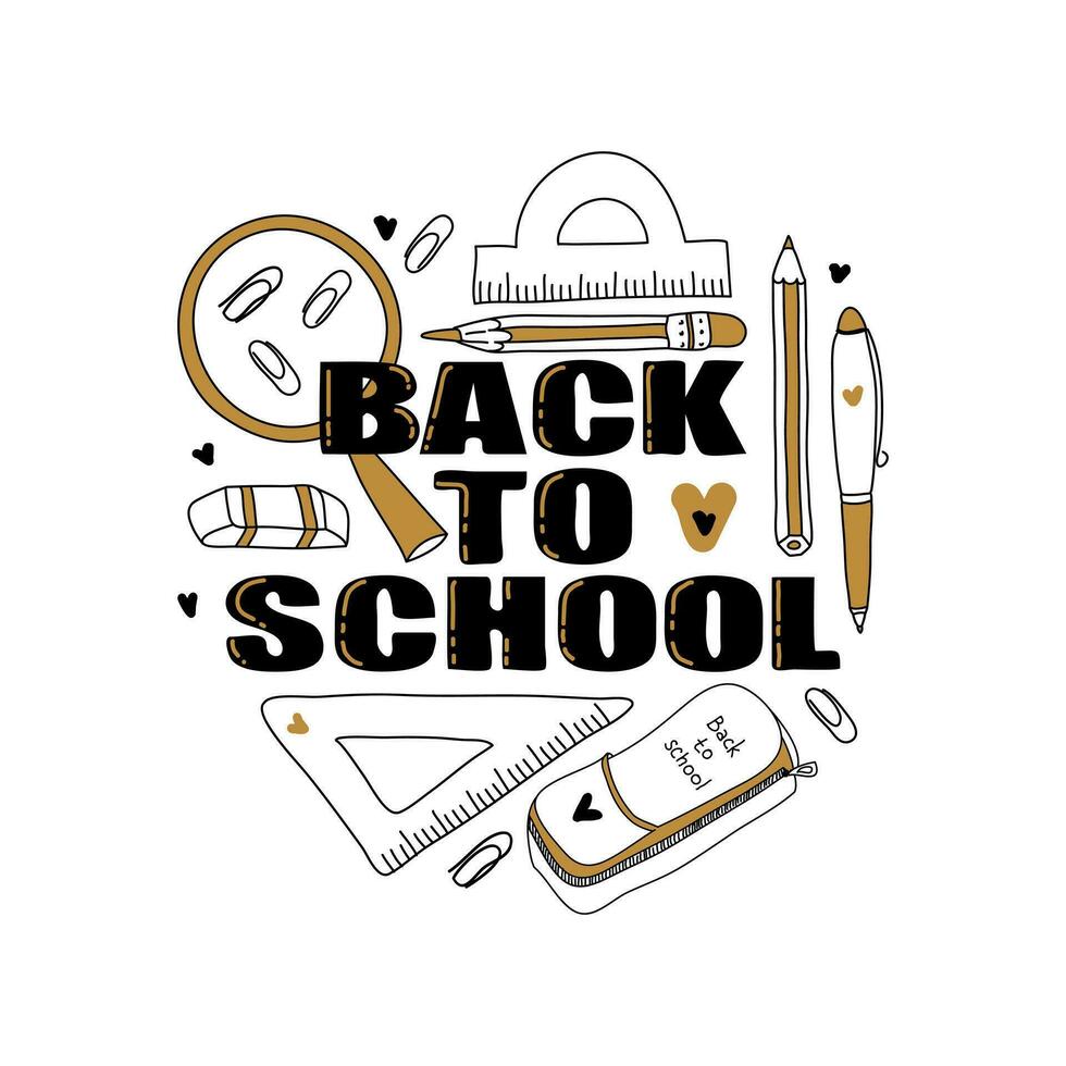 Set of school stuff with lettering 'Back to school' isolated on the white background. Hand-drawn vector illustration. Eraser, magnifier, pencil case, pen, pencils, paper clips, rulers. Banner design