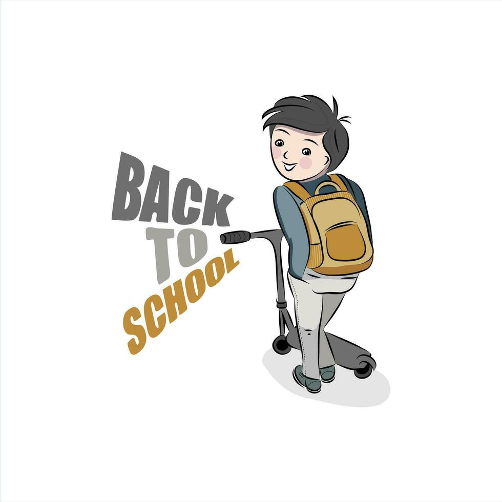 A happy young boy with a scooter and school bag. Back to school concept with lettering. Flat design. Vector illustration isolated on white background