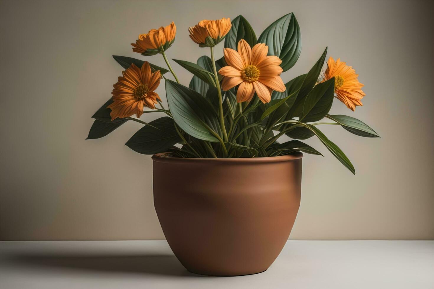 Flowers in a pot on a solid color background. ai generative photo