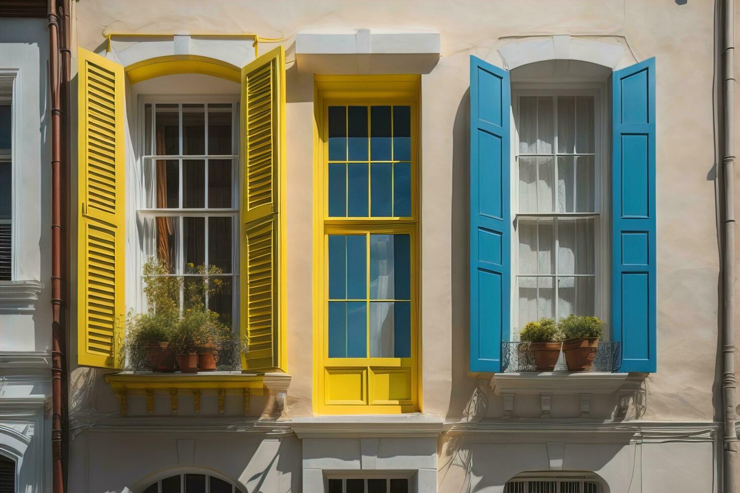 Colorful windows of a typical house in the city, ai generative photo