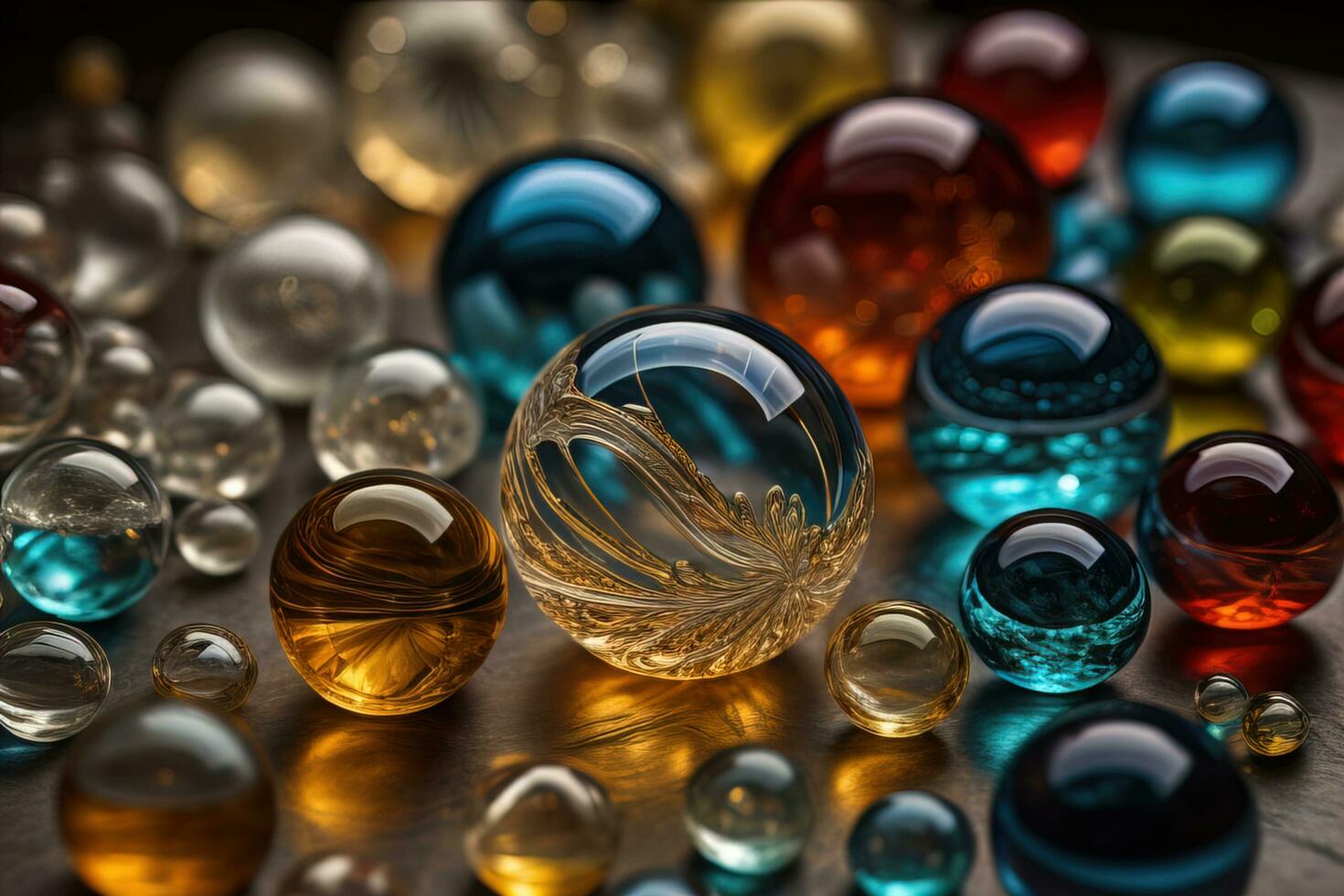 Colorful glass marbles on a the table. Selective focus. ai generative photo