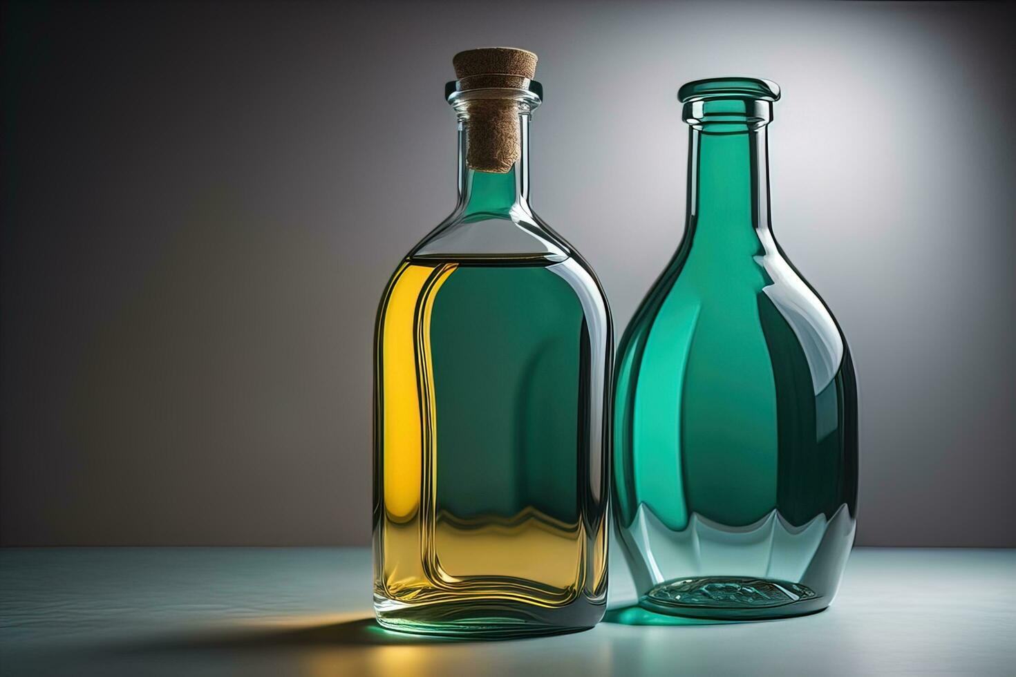 Bottle with a liquid on a solid color background. ai generative photo