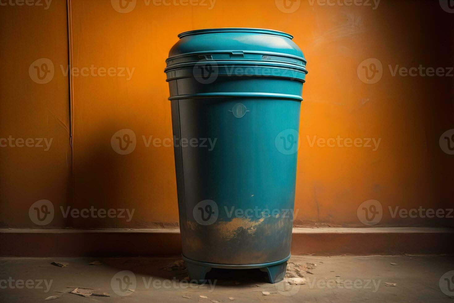 Garbage can on a colorful wall background, vintage color tone style. ai generative photo