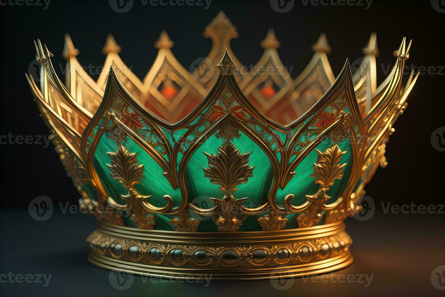 low key image of beautiful golden queen, king crown. ai generative photo