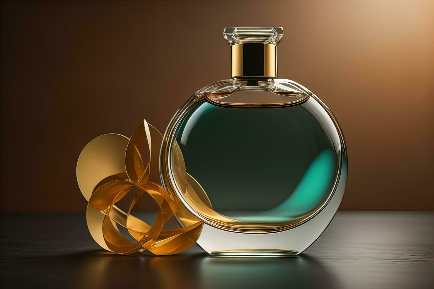 Creative and brandless Perfume bottle and flower on the wooden table, closeup. ai generative photo