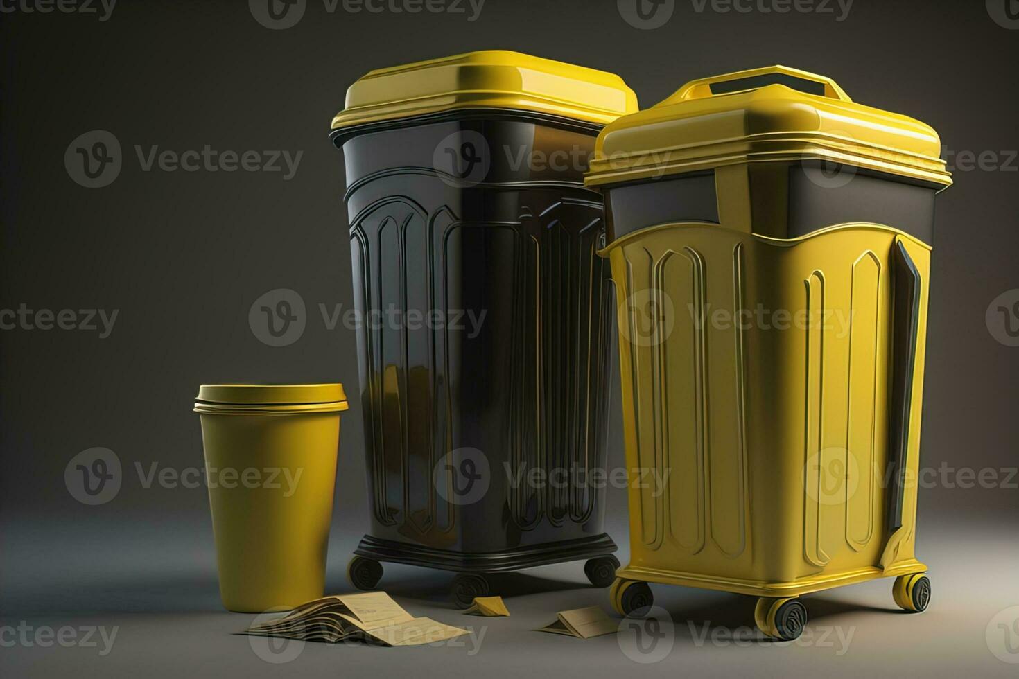 Garbage can on a colorful wall background, vintage color tone style. ai generative photo