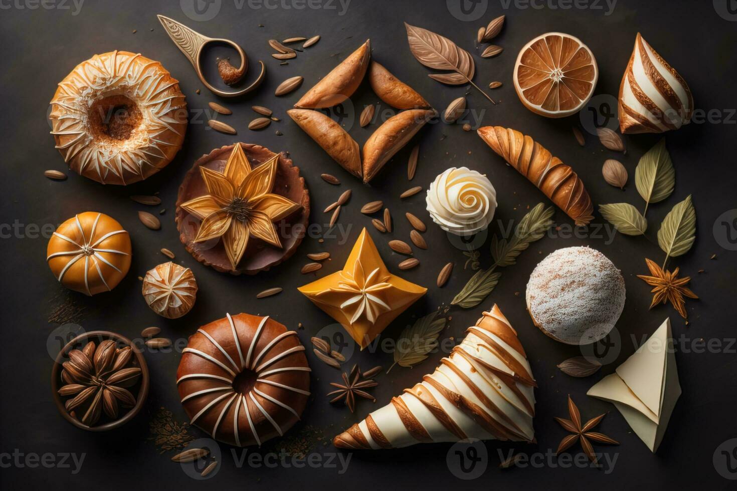Homemade cakes on a solid colors background, top view. ai generative photo