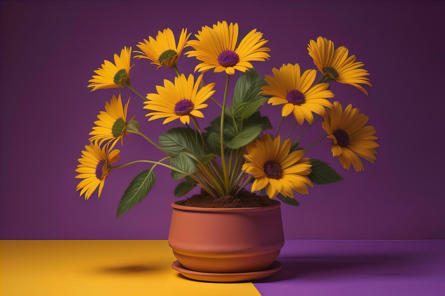 Flowers in a pot on a solid color background. ai generative photo