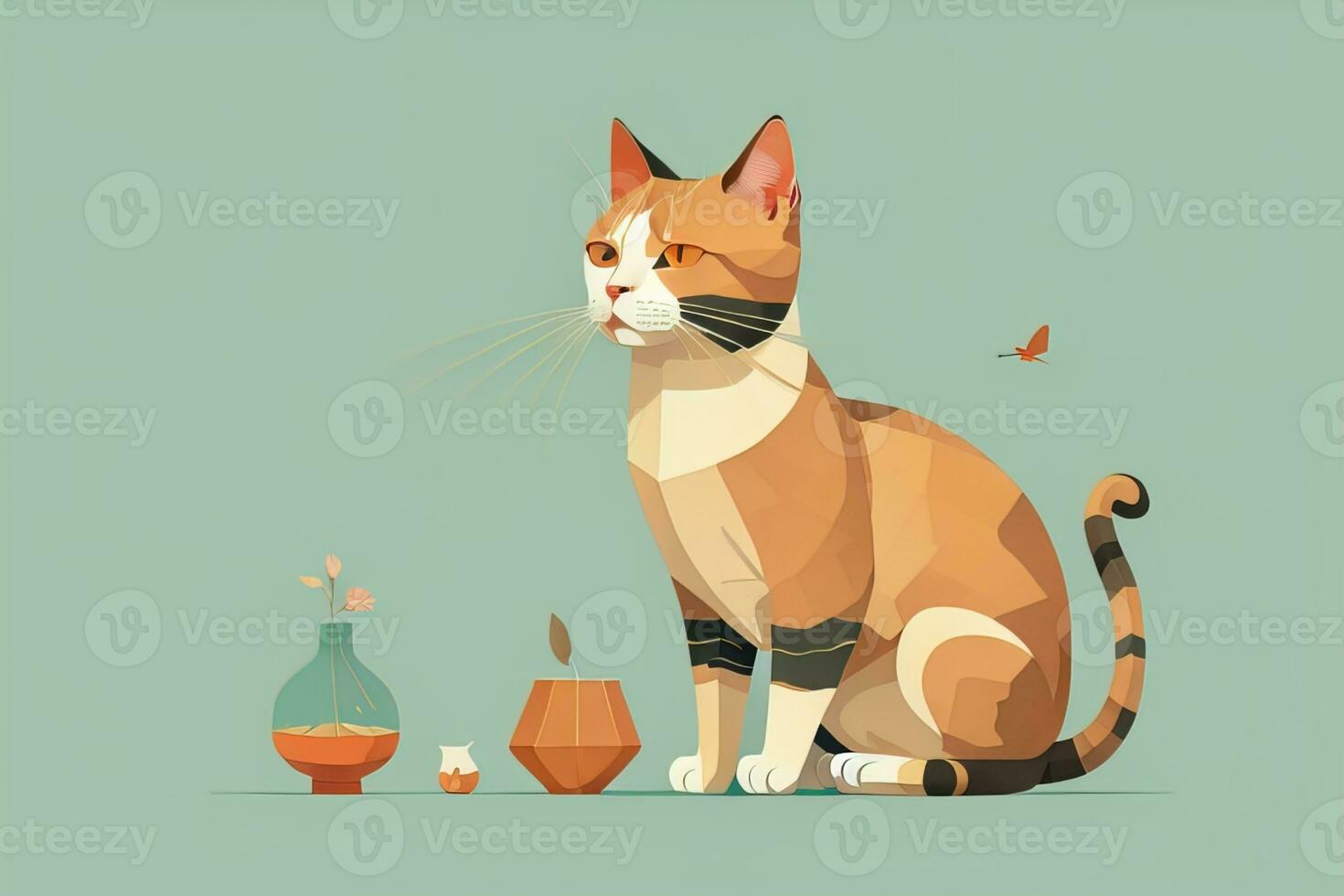 Cute cat sitting on the floor. Vector illustration in retro style. ai generative photo