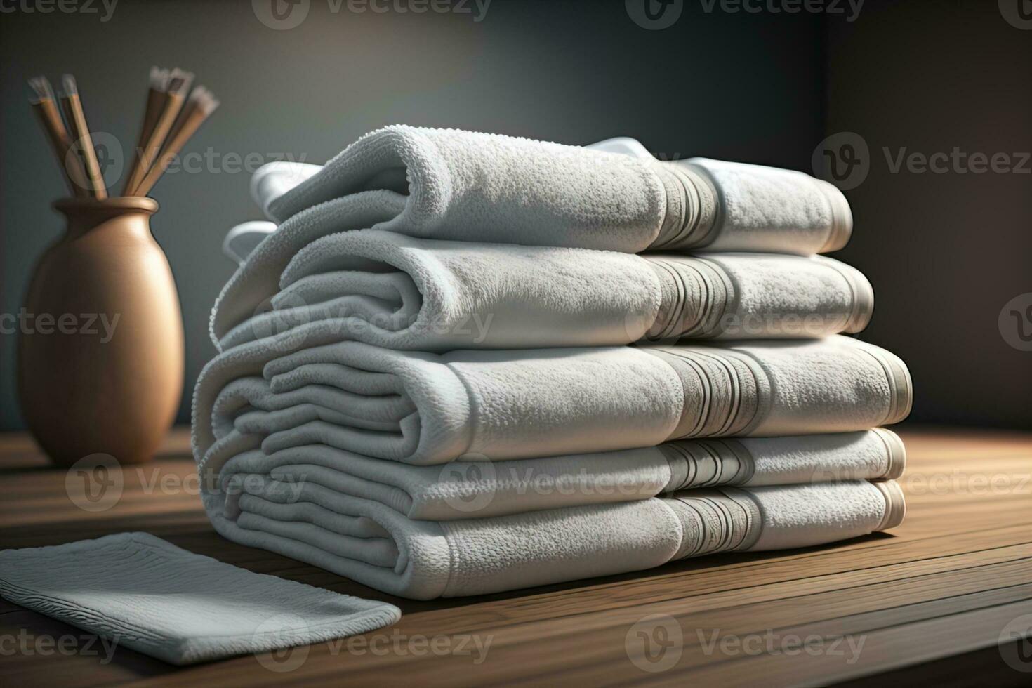 Towels on a wooden table in a bathroom. ai generative photo