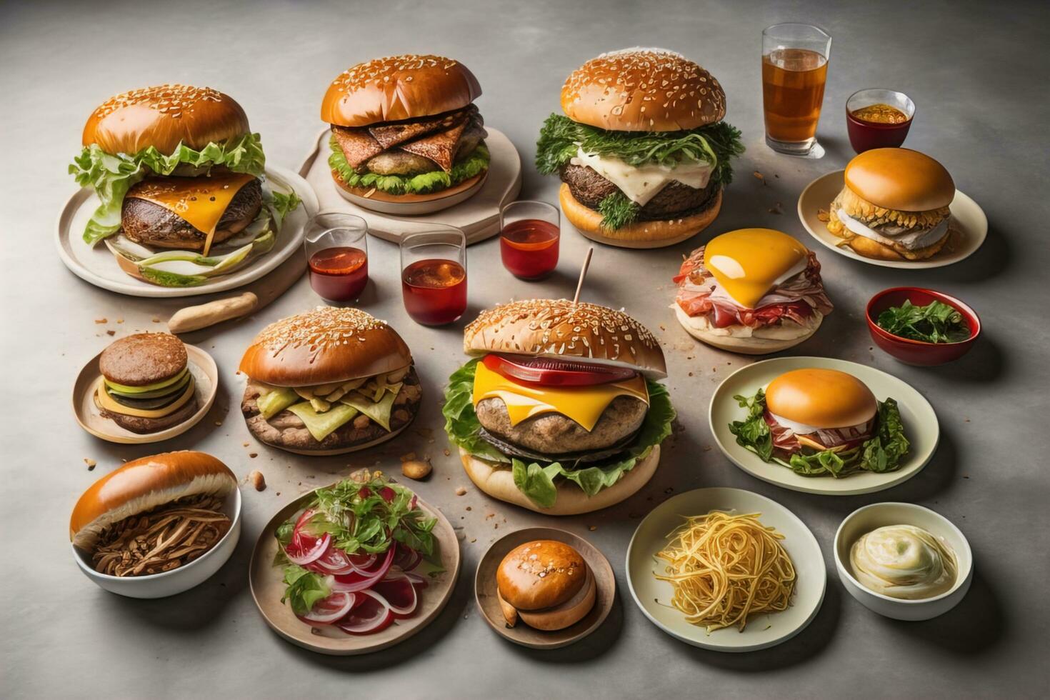 Hamburgers with french fries on wooden table, closeup. ai generative photo
