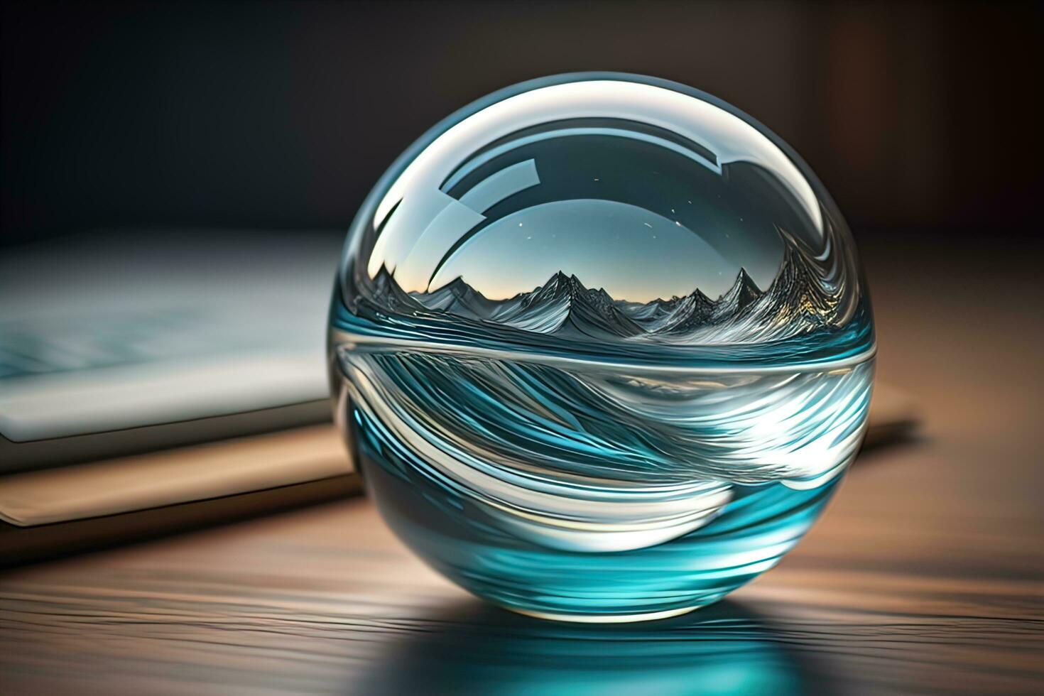 Transparent crystal ball on a wooden table. ai generative photo