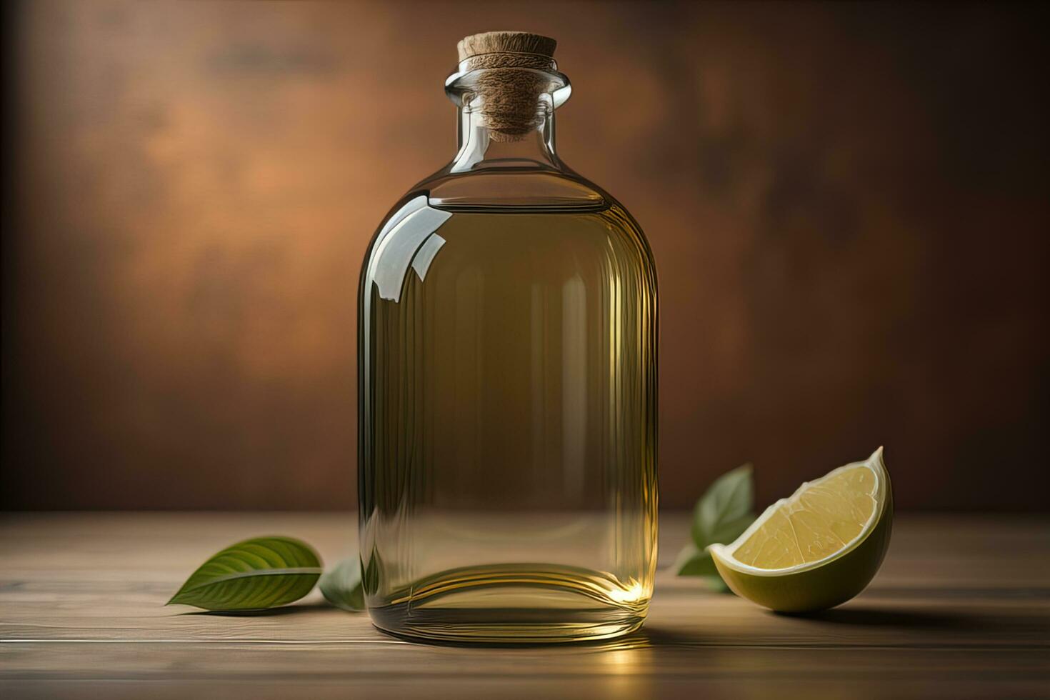 Bottle with a liquid on a solid color background. ai generative photo