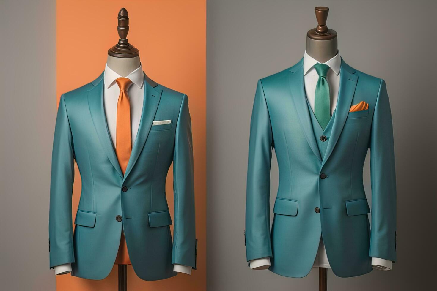 Stylish suits on mannequins on solid color background, closeup. ai generative photo