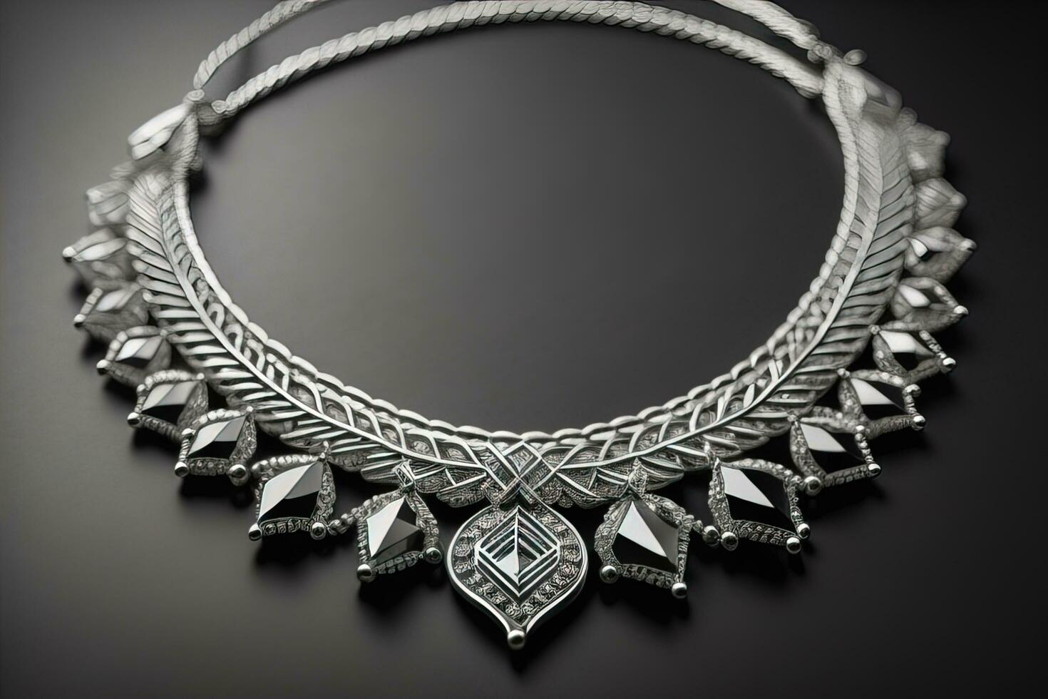 Silver necklace on a solid color background in close-up. ai generative photo