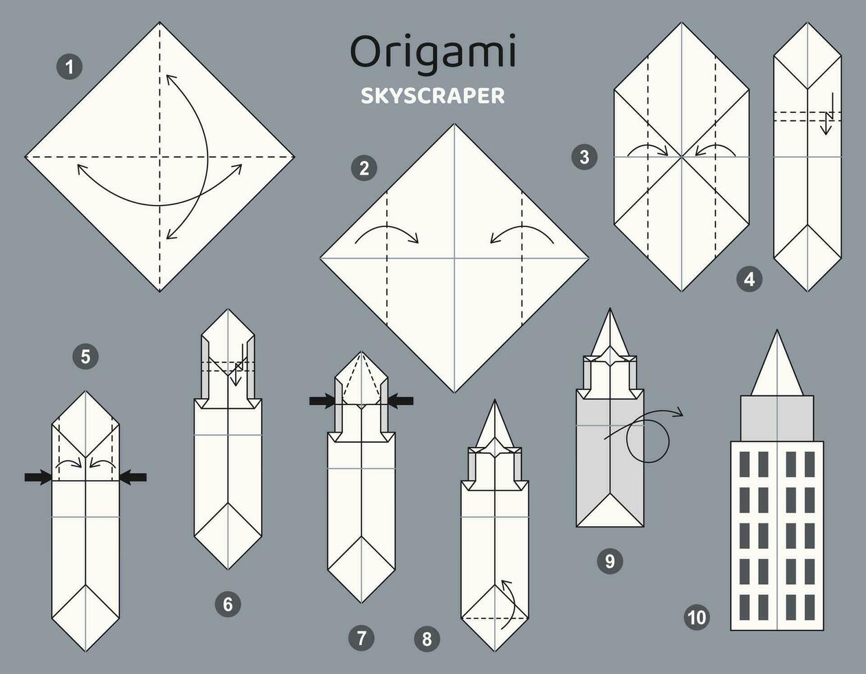 rascacielos origami esquema tutorial Moviente modelo. origami para niños. paso por paso cómo a hacer un linda origami edificio. vector ilustración.