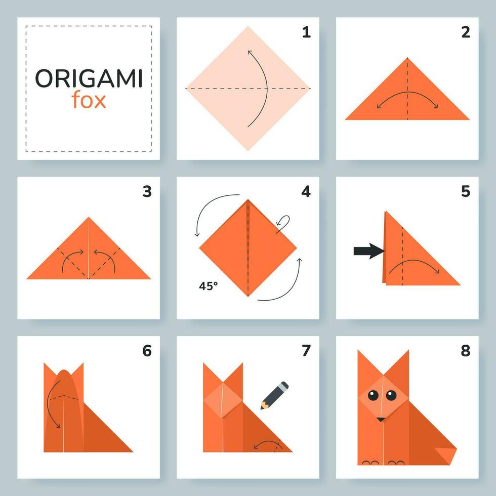 Fox origami scheme tutorial moving model. Origami for kids. Step by step how to make a cute origami fox. Vector illustration.