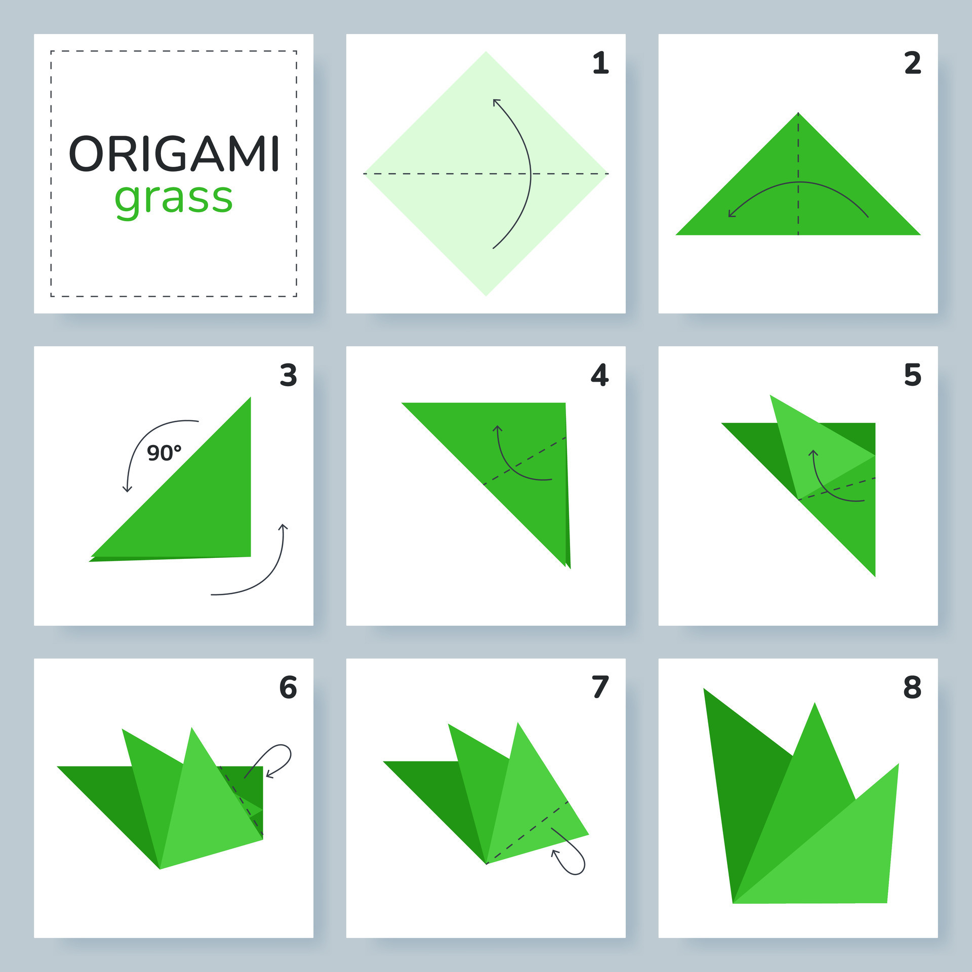 Grass origami scheme tutorial moving model. Origami for kids. Step by