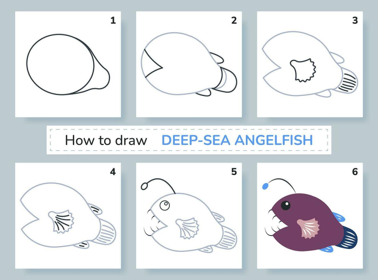 dibujo tutorial. cómo a dibujar mar profundo angelote. educación y actividad página para preescolar y colegio niños. niños hoja de cálculo. paso por paso Arte lecciones con pez. vector ilustración.