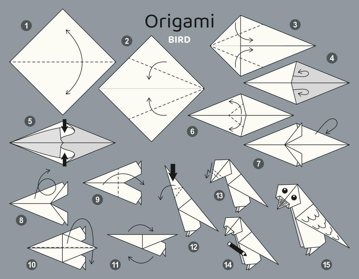 Bird origami scheme tutorial moving model. Origami for kids. Step by step how to make a cute origami crow. Vector illustration.